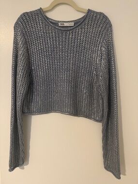 Zara Silver-Blue Metallic Cropped Knit Sweater